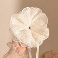 Oversized beige gebloemde kanten scrunchie met elegante lange linten voor knotjes - #2 Beige Kanten Haarelastiekje Met Trekkoord - 29 Cm * 15 Cm