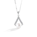 Collana in argento sterling 925 a forma di V con perla d'acqua dolce e moissanite - Argento 925 (Perla di Pane 8mm) / Oro Bianco