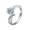 S925 sterling silver six-prong moissanite ring with twisted pavé band on white backdrop - US 5 / 1 ct