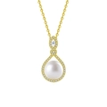 Elegant gold S925 sterling silver necklace featuring a lustrous white pearl pendant - 10pt Moissanite (Marquise 2*4mm/Bread Pearl 9mm) / Pearl Necklace (Yellow Gold)