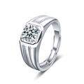 Adjustable 925 silver moissanite men's ring with a classic square bezel setting - Adjustable Open / 1 Carat Moissanite / White Gold