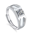 Men's 925 silver adjustable ring with round solitaire moissanite and pave side stones - Adjustable Open / 1 Carat Moissanite (White Gold Color)