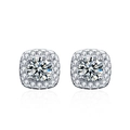 Square moissanite halo stud earrings in 925 sterling silver with a round center stone - 0.5ct + 0.5ct Moissanite / White Gold