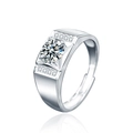 925 Silber Moissanit Ring für Herren mit rundem Stein und verstellbarer offener Ringschiene - Einstellbar Offen / 1 Karat Moissanit (Weißgold beschichtet)