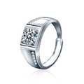 Men's S925 silver moissanite ring with large round solitaire and adjustable band - Adjustable Open / Male Ring (1 Carat Moissanite)