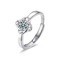 Adjustable S925 sterling silver four-leaf clover ring with brilliant moissanite stone - 50 Points Moissanite (Open) / White Gold