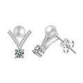 V-shaped S925 silver stud earrings with freshwater pearls and Moissanite accents - 0.5ct + 0.5ct Moissanite / White Gold Color (XEZ094)