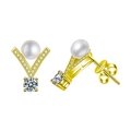 Elegant gold S925 silver V-shaped pearl stud earrings with sparkling moissanite accents - 0.5ct + 0.5ct Moissanite / Yellow Gold Color (XEZ094)