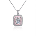 Radiant cut silver necklace with pink halo rectangle moissanite pendant on white background - 1 Carat Moissanite (5x7) / 925 Sterling Silver (White Gold Plated)