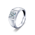 Men's S925 silver ring featuring a large round solitaire stone and side accent stones - Adjustable Open / Male Style (1 Carat)