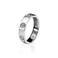 Polished silver moissanite ring with circular settings and clear gemstones on white background - US 5 / 0.7ct Moissanite