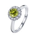 Verstelbare 925 zilveren ring met geelgroene edelsteen en een sprankelende diamanten halo - Verstelbaar Open / 1 ct / Olijfgroen
