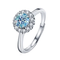 Schitterende 925 zilveren ring met ronde moissaniet en bloemvormige pavé-zetting - Verstelbaar Open / 1 ct / AQUAbblauwe Zirconia