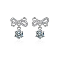 925 silver bow earrings with round moissanite drop and pavé cubic zirconia accents - 0.5ct+0.5ct Moissanite (D Color/VVS1) / 925 Sterling Silver (White Gold Plated)