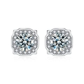 Elegant S925 silver moissanite halo stud earrings with round center diamonds and square frames - 0.5ct + 0.5ct Moissanite / 925 Sterling Silver (White Gold Plated)