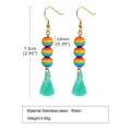Ethnic style stainless steel earrings with colorful resin beads and long green tassels - Rainbow Bead Mint Green Tassel Style (PE-013G)