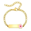 Gold stainless steel Figaro chain bracelet for kids featuring a pink flower ID plate - Style 38 Kids (Gold/Pink Enamel Flower/Figaro Chain)