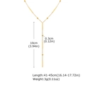 Detailed size chart showing Y-shaped gold necklace dimensions and bead measurements - Geometric Bar and Bead Style (NC-2049G)