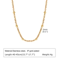 Detail view of 2mm gold plated stainless steel beaded water wave necklace with dimensions - Gold