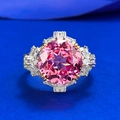 Luxurious S925 silver ring with 11x11mm pink lotus-cut corundum and diamond halo - US 5 / Padparadscha Pink Ring (R1543)