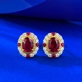 S925 silver pigeon blood red oval stud earrings with gold plating and halo accents - 925 Silver / Pigeon Blood Red Earrings