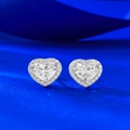 Elegant S925 sterling silver heart-shaped stud earrings with halo diamond setting - 925 Silver / Silver