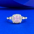 Princess cut pink gemstone ring with halo diamonds and leaf-shaped side stones in S925 silver - US 5 / Pink Zirconia