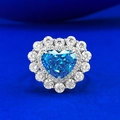 Sparkling S925 silver ring featuring a large heart-shaped blue sapphire with halo diamonds - US 5 / Aqua Blue Heart Ring (R1585)