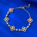S925 Silber Kleeblatt Armband mit rotem Achat und funkelnden Kristallen in Goldoptik - Verstellbar / Goldfarbe (Roter Achat)
