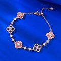 Bracciale quadrifoglio in argento S925 oro rosa con smalto rosa e zirconi fini - Rodonite (B209) / Regolabile