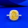 Luxurious S925 silver ring with 9x11mm yellow cushion cut high carbon diamond halo - US 5 / Yellow