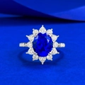 S925 silver sunflower ring with oval blue sapphire and clear cluster diamonds - US 5 / Oval Blue Zirconia Flower Style (R1625)