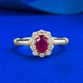 Bague fleur rétro en argent S925 avec rubis ovale et halo de pierres blanches - US 5 / Zircone Rouge