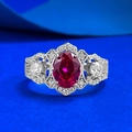 S925 silver vintage hollow lace ring with oval red gemstone and accent diamonds - US 5 / Red Zirconia (R1437)