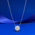 Classic S925 silver halo necklace with 7mm round diamond pendant on blue background - 925 Silver / Silver (N516 Round Halo)