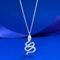 Elegant S925 silver snake pendant necklace with a teardrop gemstone on blue background - Snake Necklace (N517) / Silver
