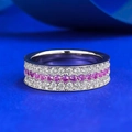 Luxurious wide S925 sterling silver band ring with three rows of pink and white cubic zirconia - US 5 / Pink and White Zirconia Eternity Ring