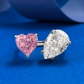 Toi et Moi open ring with heart-cut pink diamond and pear-cut white stone on silver band - US 5 / White & Pink Zirconia Ring (R1284)