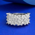 Luxurious S925 silver wide band ring with three rows of baguette cut zircon stones - US 6 / Silver White Zirconia Style (R1308)