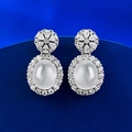 Elegant S925 silver drop earrings with translucent egg-shaped stone and floral zircon studs - White Suimozi Style / 925 Silver / Silver