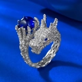 S925 zilveren drakenring met micro-geplaveide kristallen en blauwe saffiersteen - US 5 / Blauw (Blauwe Zirkoon)