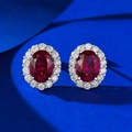Classic S925 silver oval red corundum stud earrings with halo cubic zirconia setting - 925 Silver / Pigeon Blood Red (E516)
