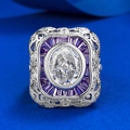 Anillo de plata S925 con gema blanca ovalada y piedras moradas de corte baguette - US 5 / Color G Blanco (R1087)