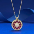 S925 Silber vergoldete Blumenkette mit Rubinen und weißen Kristallen besetzt - 925er Silber / Reichtum Blüte Anhänger (N454)