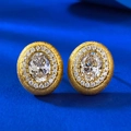 Pendientes ovalados vintage en plata S925 bañada en oro con halo de diamantes de lujo - Plata 925 / Pendiente de botón cepillado color dorado
