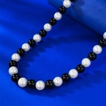 Classic necklace with 8mm round pearls and black onyx beads on blue background - 925 Silver / Black Agate Necklace