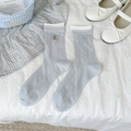 Light blue mesh cotton socks featuring bear embroidery and white rolled cuffs - Diamond Pattern Bear