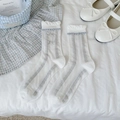 White Lolita crew socks featuring light blue lace trim and pearl bow embroidery - Striped Double Bow Style