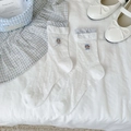 White crew socks with ruffled cuffs featuring teddy bear embroidery and heart jacquard - Bear with Bow