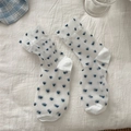 Detail of sheer glass silk socks with blue heart pattern and ruffled cuffs in white - Size 34-40 / Navy Heart